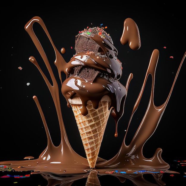 A chocolate ice cream cone with chocolate sauce and sprinkles on top.