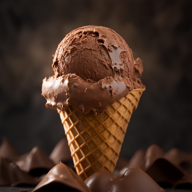 A chocolate ice cream cone with a dark background and a dark background.