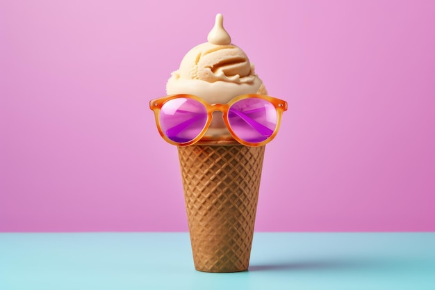 A chocolate ice cream cone with a pink background and a pink background.