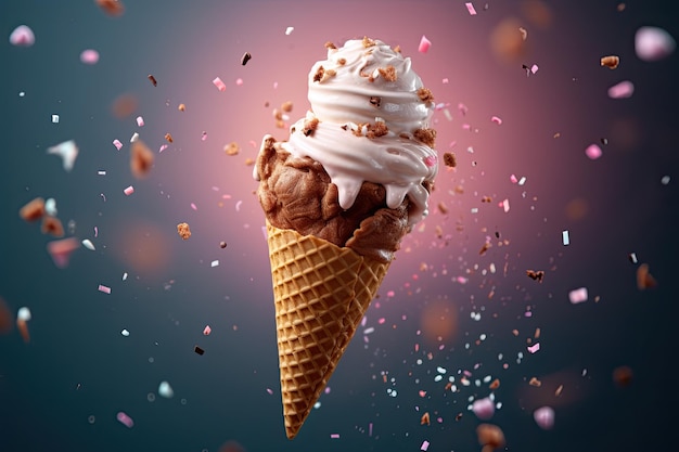 A chocolate ice cream cone with a pink background and a sprinkle of chocolate on it.