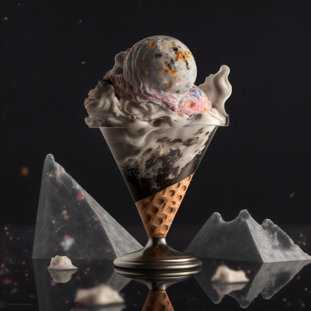 A chocolate ice cream cone with a scoop of ice cream on top of it.