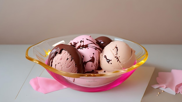 Chocolate ice cream in pink glass bowl