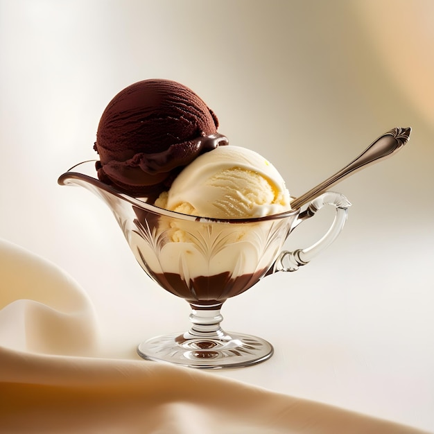 a chocolate ice cream scoop sits on a plate with a spoon