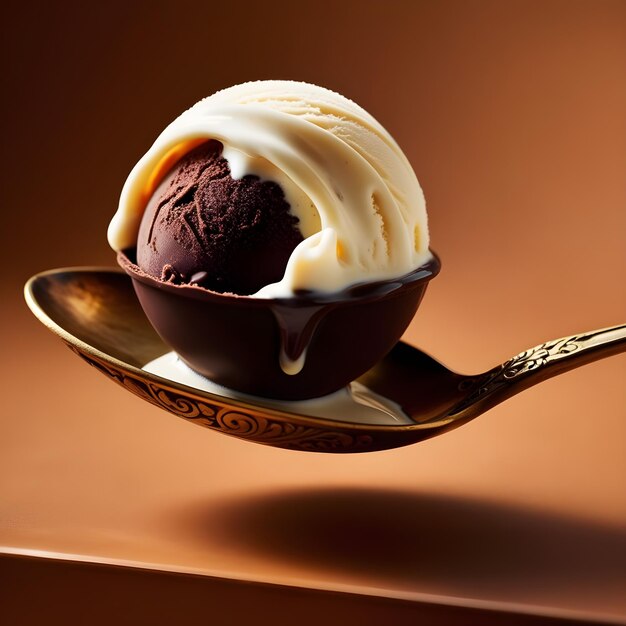 a chocolate ice cream scoop sits on a plate with a spoon