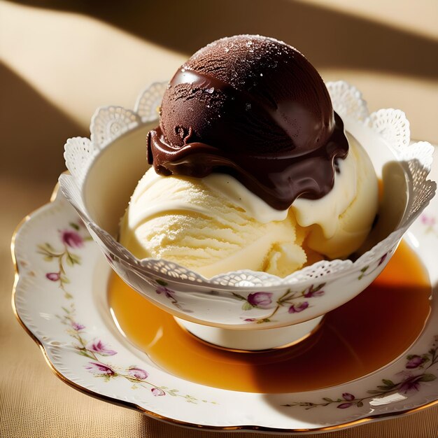 a chocolate ice cream scoop sits on a plate with a spoon