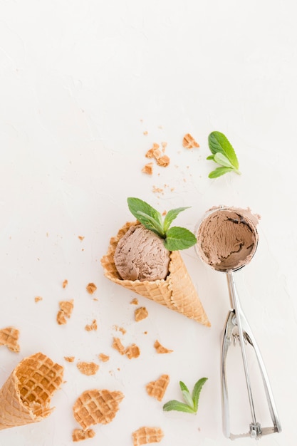 Chocolate ice cream scoop in waffle cone