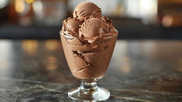 Chocolate Ice Cream Scoops With Mint Garnish on a Table