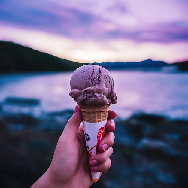 Photo chocolate ice cream sunset a sweet treat under a purple sky