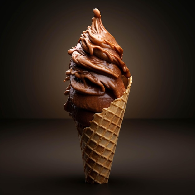 Chocolate ice cream in waffle cone on rustic wooden background