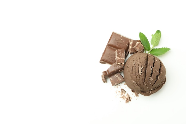 Chocolate ice cream on white background space for text