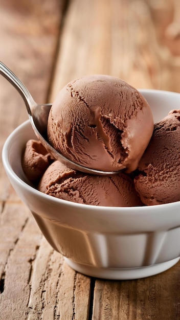 Chocolate ice cream in white bowl on wooden surface