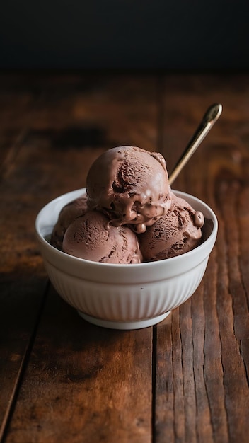 Chocolate ice cream in white bowl on wooden surface