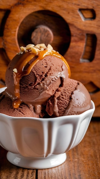 Chocolate ice cream in white bowl on wooden surface