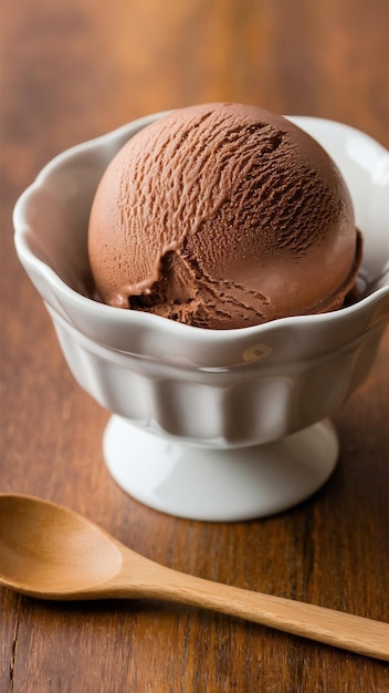 Chocolate ice cream in white bowl on wooden surface