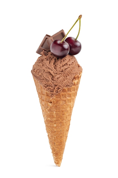 Chocolate ice cream with cherries in waffle cone on white background