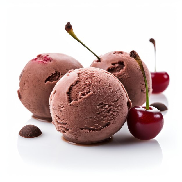 Chocolate ice cream with cherry on white background