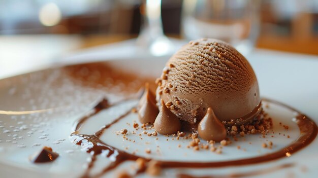 Photo chocolate ice cream with chocolate sauce and crumbs