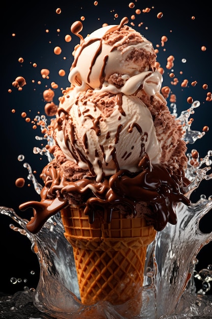 chocolate ice cream with chocolate splash and topping