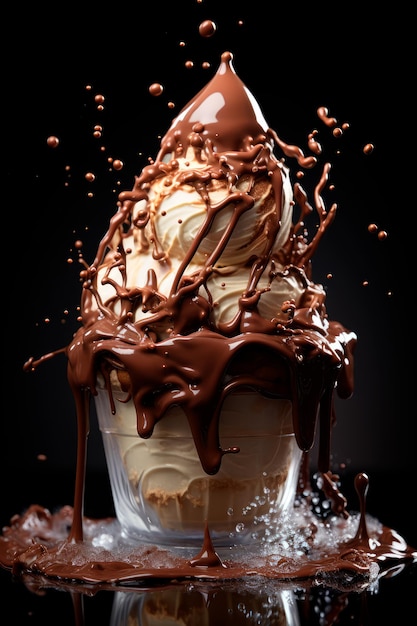 chocolate ice cream with chocolate splash and topping