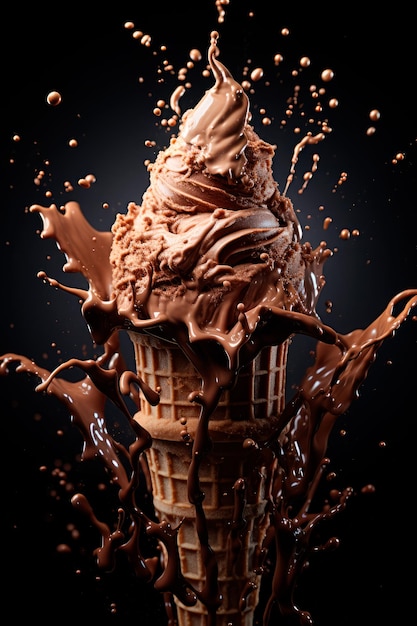 chocolate ice cream with chocolate splash and topping