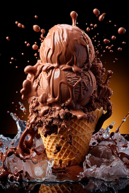 chocolate ice cream with chocolate splash and topping