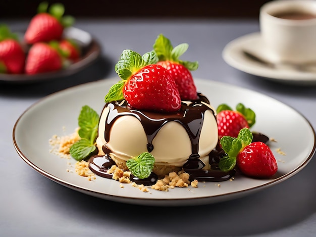 A chocolate ice cream with chocolate and strawberries on a plate