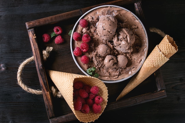 Chocolate ice cream with raspberries