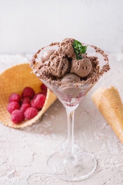 Chocolate ice cream with raspberries