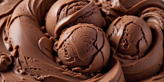 A chocolate ice cream with a swirled texture and rich dark color