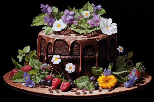 Photo chocolate indulgence vegan cake with fresh berries and flowers