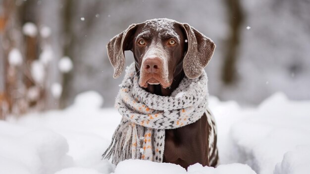 A chocolate lab dog wearing a scarf in the snow