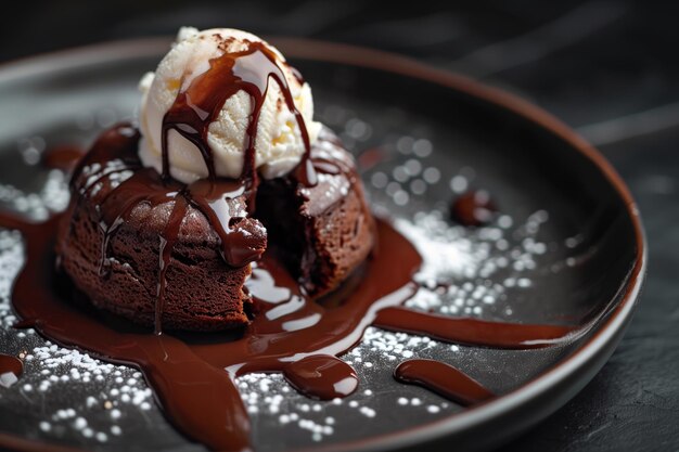 Photo chocolate lava cake covered in ice cream and drizzled with plenty of hot fudge chocolate sauce