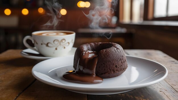 Chocolate lava cake in white plate with coffee cup in coffee shop