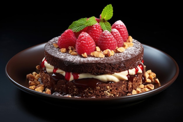 Chocolate layer cake with raspberries and cream in a bowl with syrup