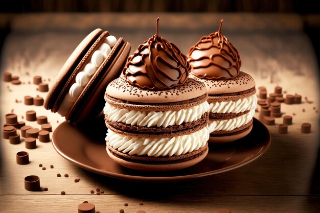 Chocolate macaron cookies with cream decorated for birthday