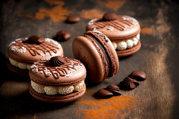 Chocolate macaron cookies with cream decorated for birthday