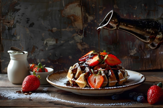 Chocolate and maple syrup fresh baked waffles morning breakfast with strawberries topping