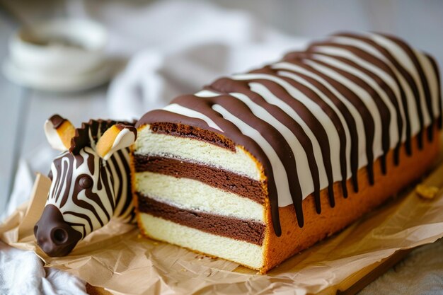 Photo chocolate marbled cake biscuit zebra with chocolate icing on a wooden board on a gray background