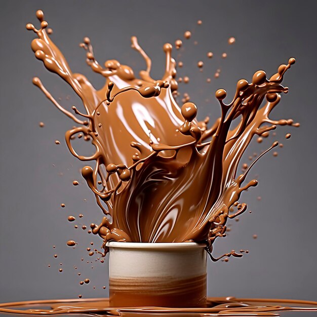 A chocolate and milk cup with a splash of liquid on it