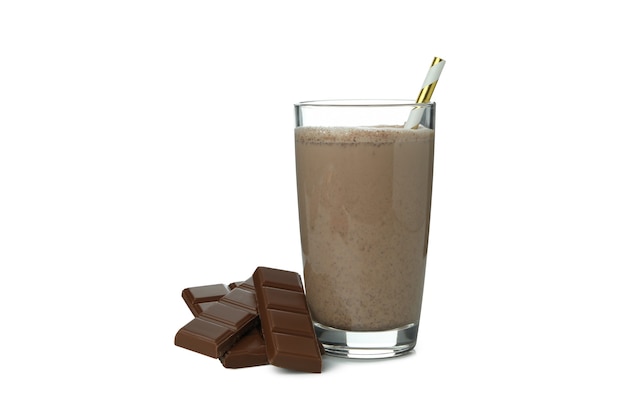 Chocolate milkshake and chocolate slices isolated on white wall