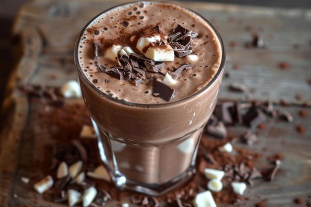 Chocolate milkshake topped with chocolate chips marshmallow and cocoa powder