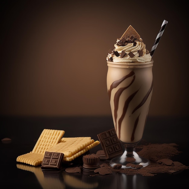 A chocolate milkshake with a black and white straw and a black and white straw.