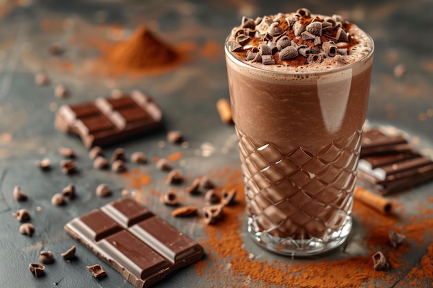 Chocolate milkshake with cocoa and chocolate shavings dessert concept