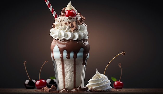 A chocolate milkshake with a red and white straw and a chocolate cherry on top.