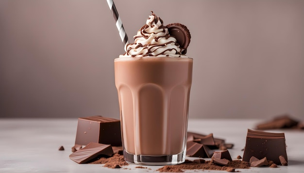 a chocolate milkshake with whipped cream and chocolate chips