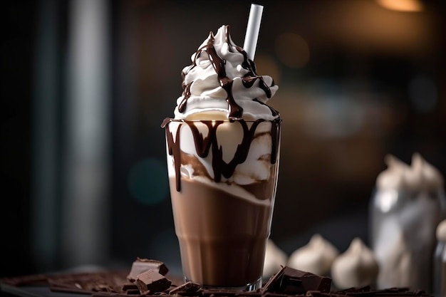 A chocolate milkshake with whipped cream and chocolate shavings