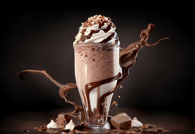 Chocolate milkshake with whipped cream and chocolate splash generative ai