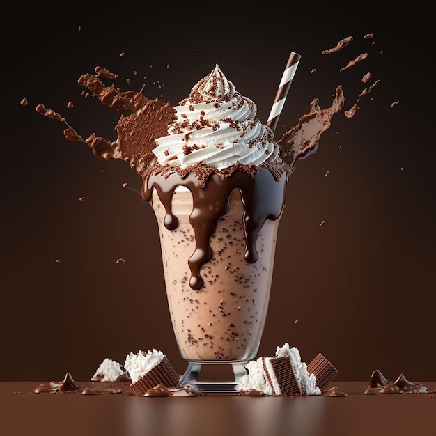 A chocolate milkshake with whipped cream and chocolate syrup.