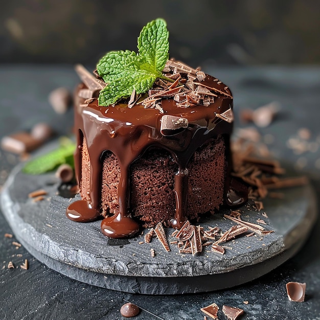 Chocolate mini cake with chocolate ganash and mint