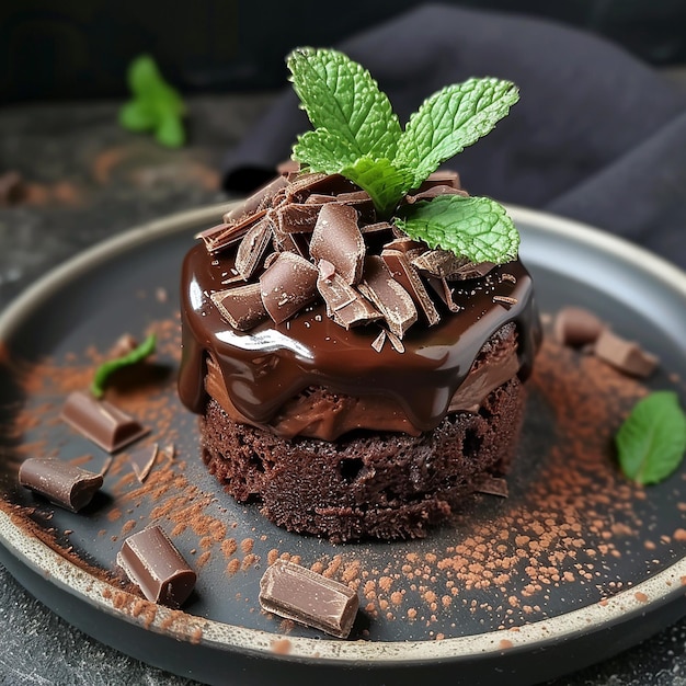 Chocolate mini cake with chocolate ganash and mint